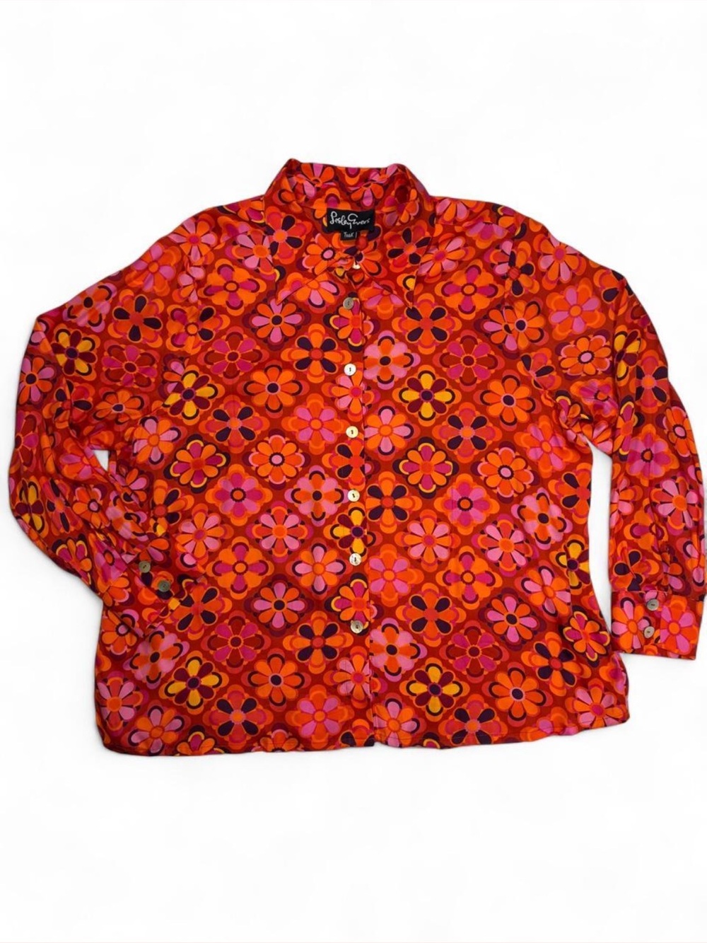 Lesley Evers Retro Floral 70s Mother of Pearl Button Blouse Orange Pink 2X